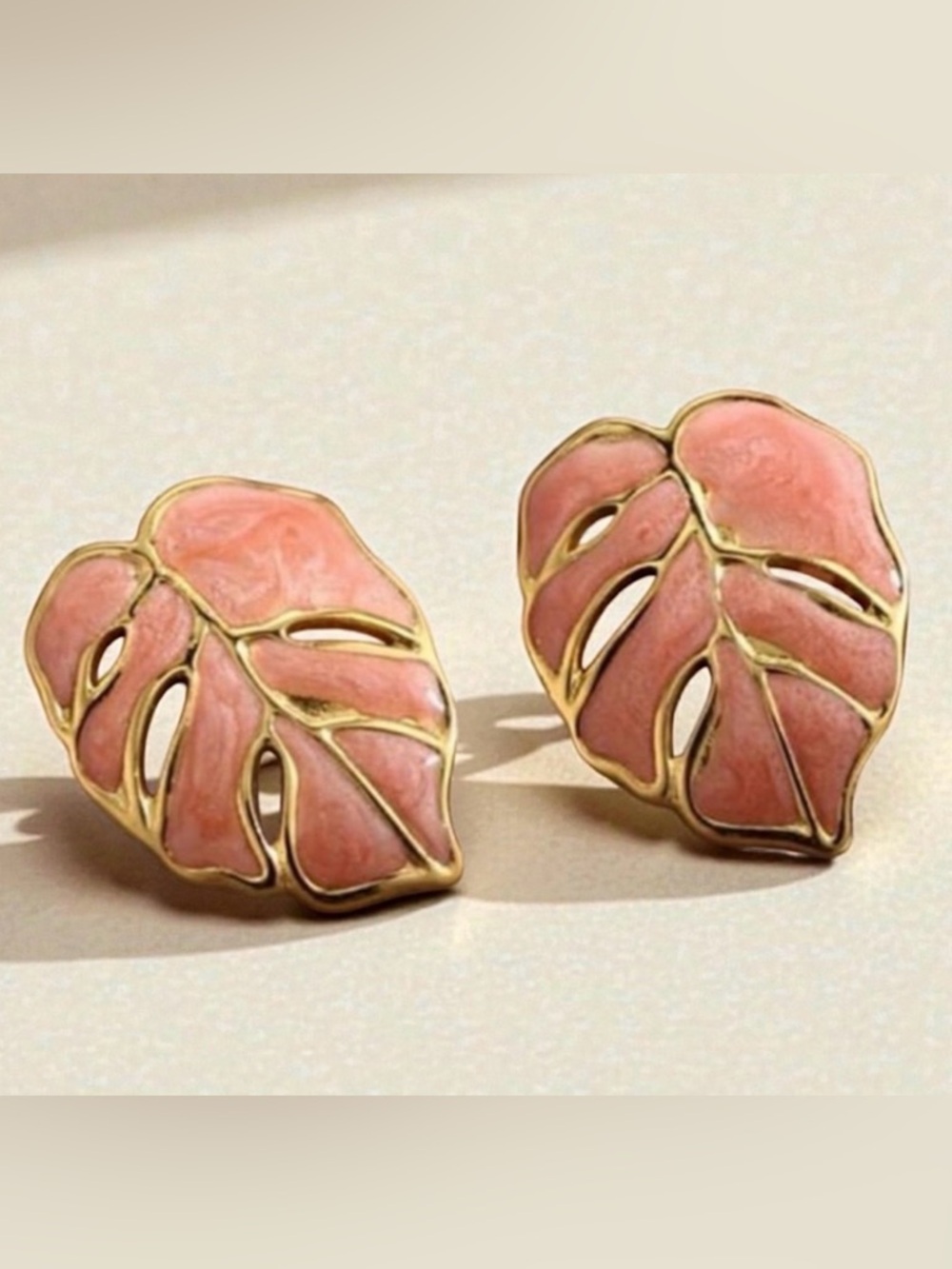 Leaf Stud Earrings  Gold & Dusty Pink Enamel